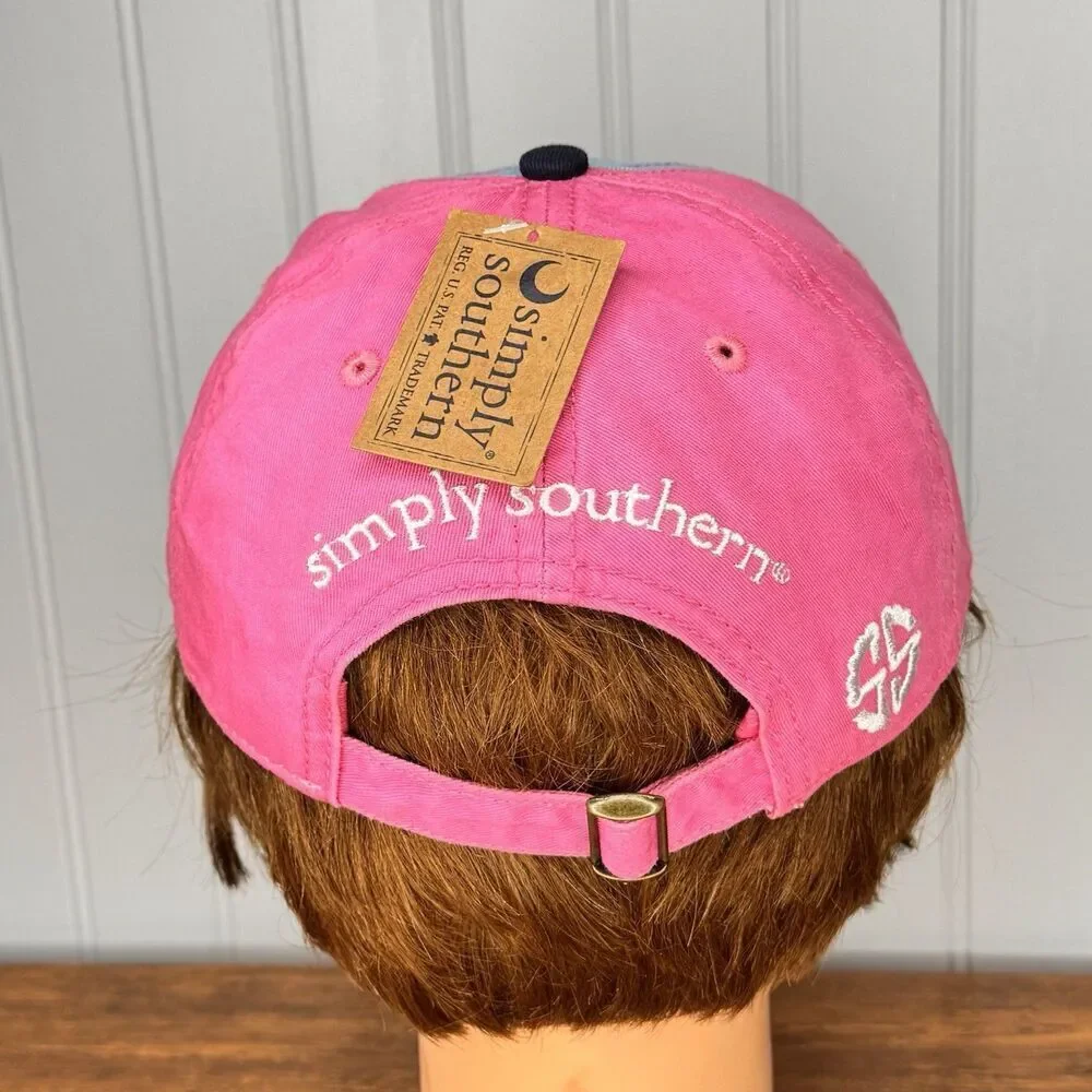 Simply Southern Happy Camper Embroidered Pink Aqua Baseball Hat Cap Distressed